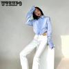 Girl's Spring Korean Style Long Sleeve Blue White Shirts Women Button Cropped Tops Polo Collar Blouses Streetwear