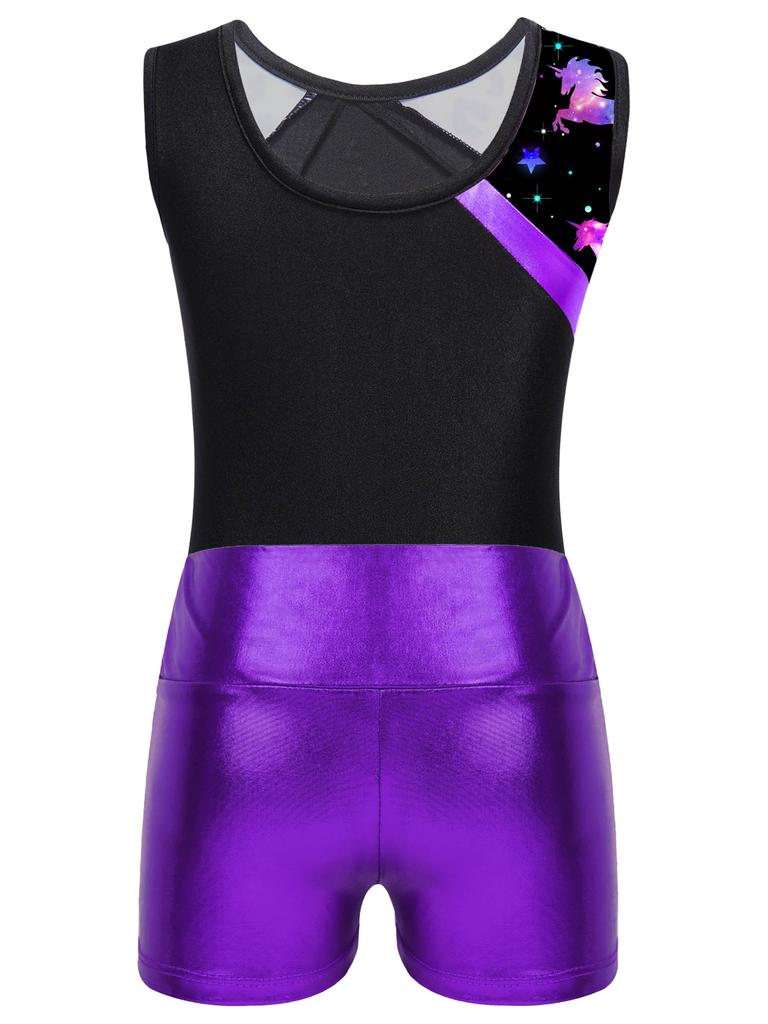 Girls Dance Leotard Sleeveless Patchwork Print Metallic High Waist Shorts Gymnastics Performance Outfit