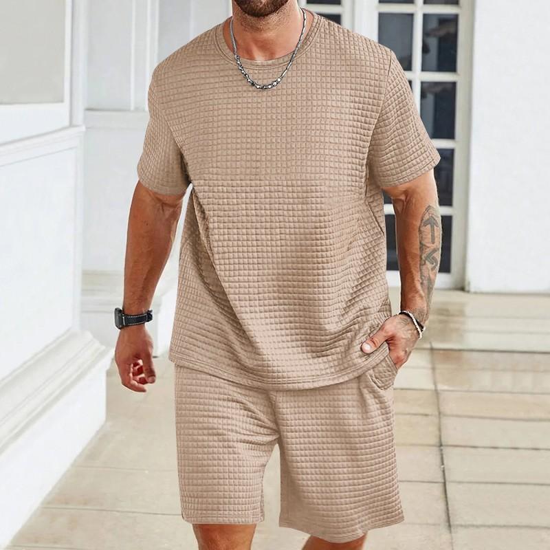 Completo Activewear da Uomo T-shirt a Girocollo Monocolore Pantaloncini Outfit 2 Pezzi