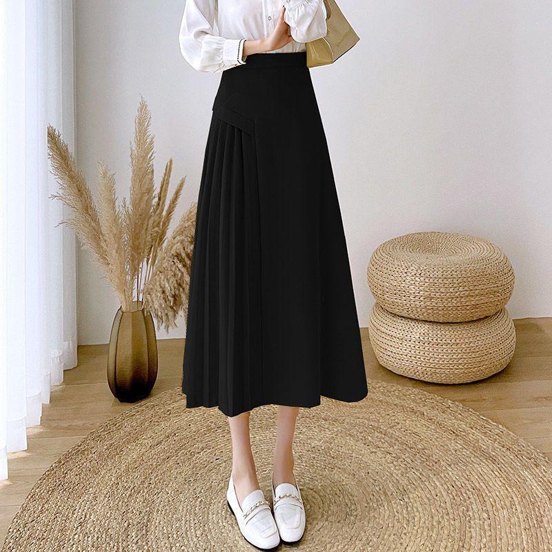 Falda Sencilla Irregular Sólida Drapeada Plisada Femenina Primavera Temperamento Viajera Cintura Alta Línea A Largo Medio Falda de Traje