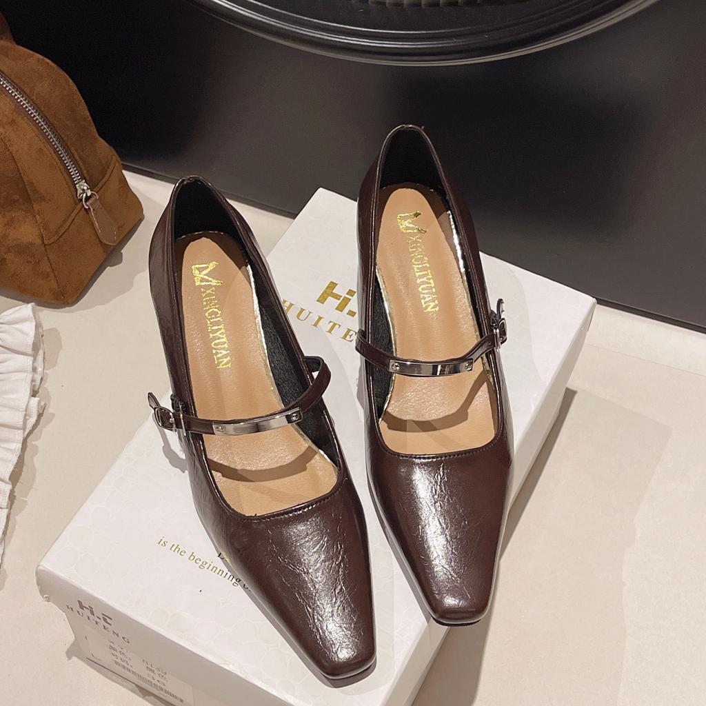 Mary Jane high heels women's spring 2025 new thick heel French with skirt temperament single shoes pointed light mouth shoes