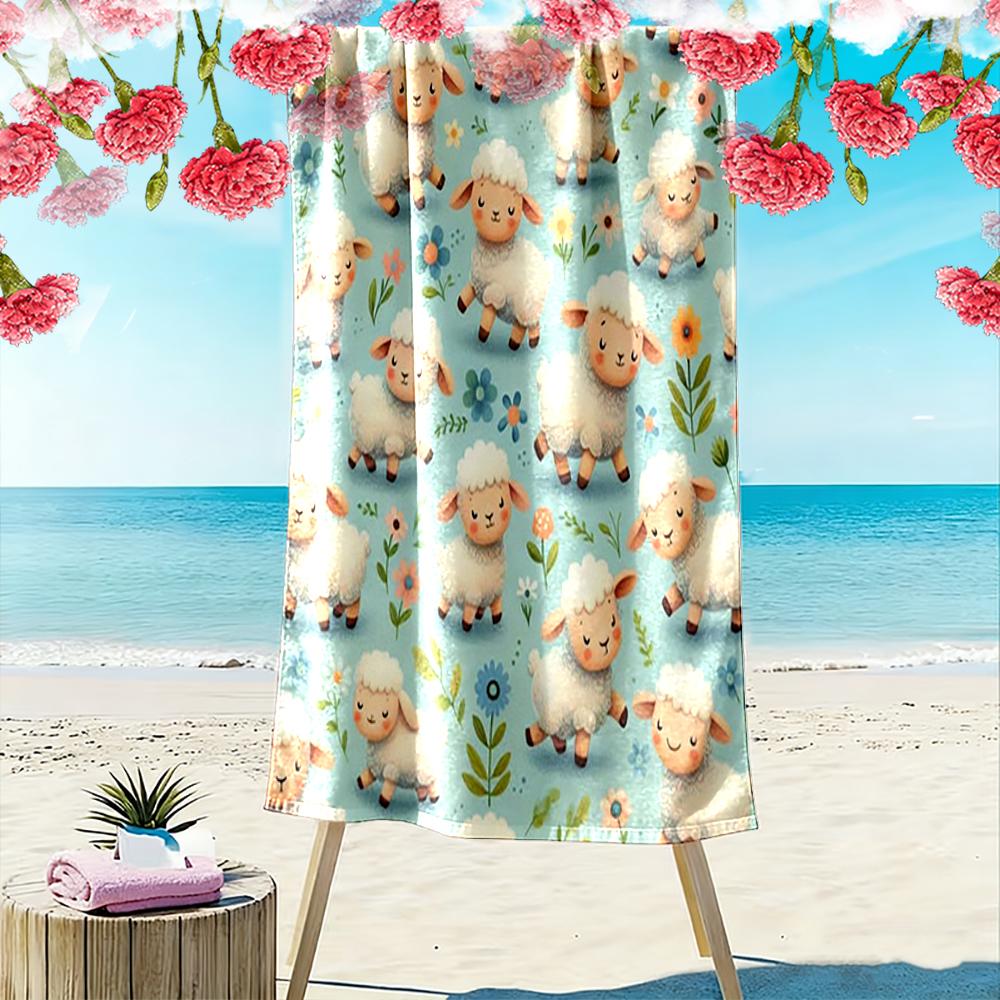 Cute Sheep and Flower Pattern on Blue Background Beach towel quick-drying for travel outdoor sports jogging beach and swimming