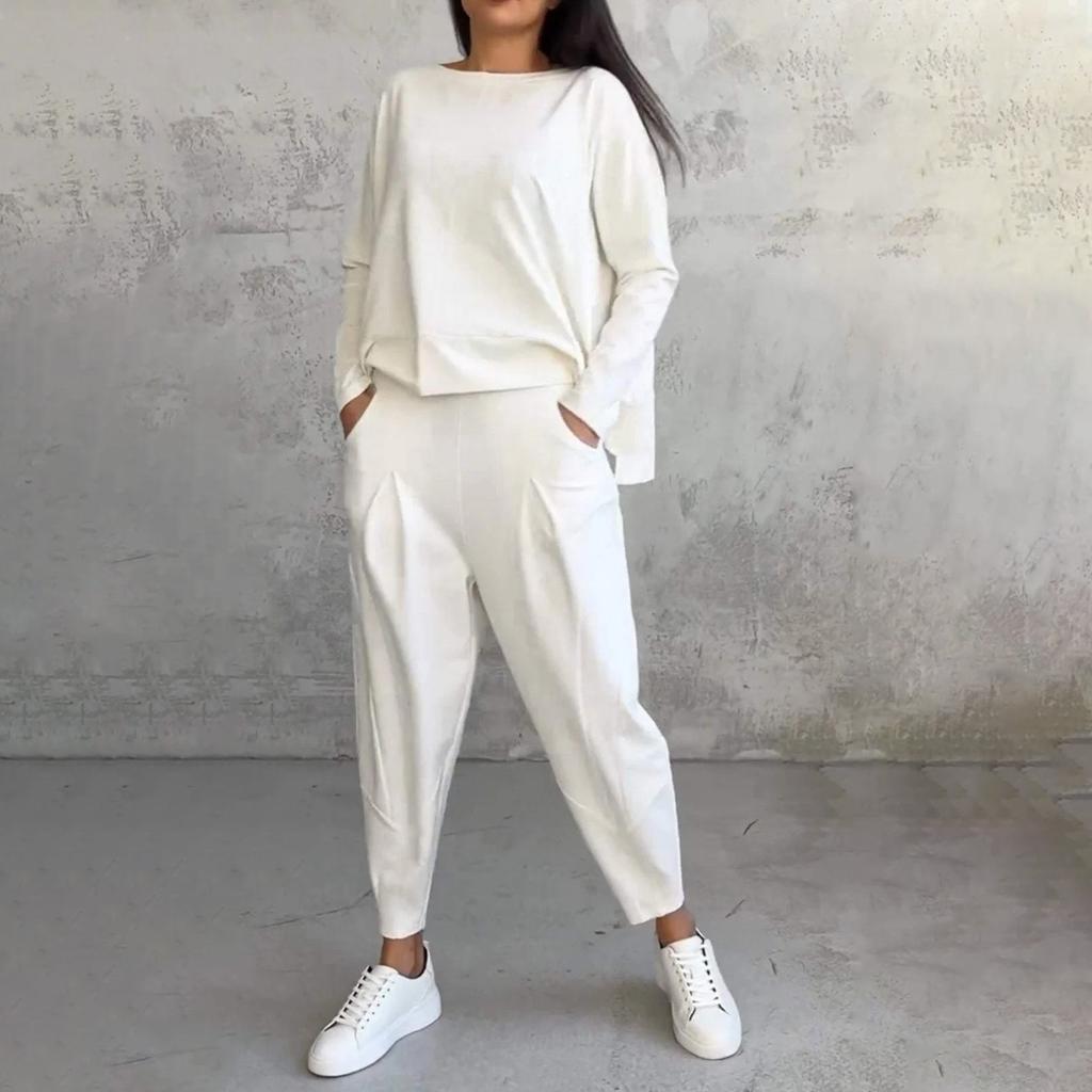 Women's Two-piece Solid Color Round Neck Long Sleeved Top and Casual Pants Set for Autumn