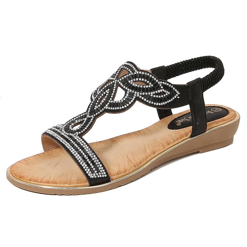 New Bohemian Ethnic Style Rhinestone Sandals Flat Open-Toe Versatile Beach Shoes Plus Size