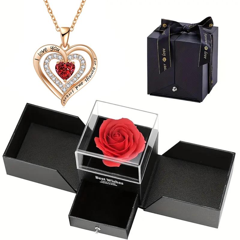 The creative double-door eternal rose jewelry box with a charming heart necklace is the perfect gift, Christmas, Jewelry Boxes
