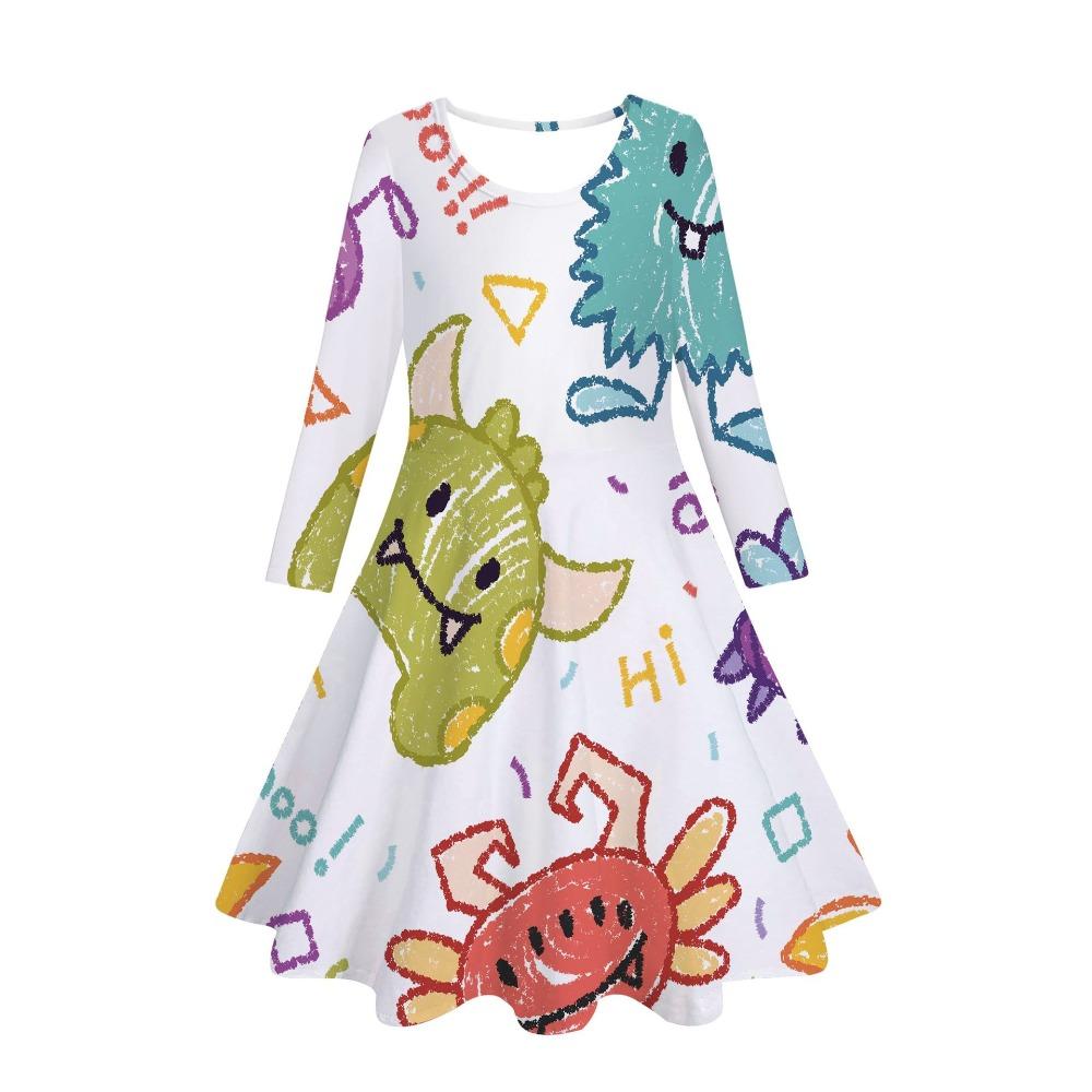 Girls' 3D Cute Sketch Dino Dress Long Sleeve Summer Spring Vacation Daily Holiday Princess Beautiful Sweet Kids 4-12 Years Casual Dress A Line Dress
