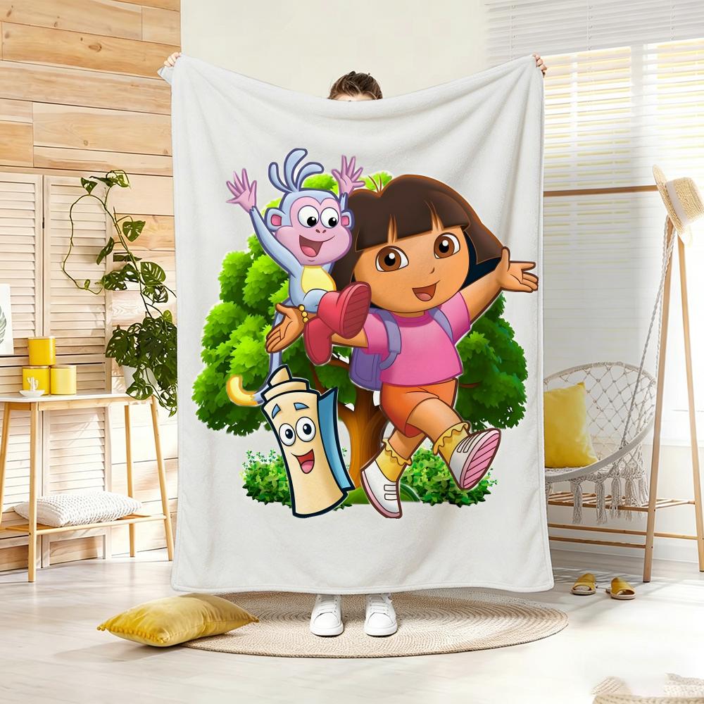2DHand drawn Cartoon D-Dora the Explorer Throw Lightweight 240g Flannel Blanket Soft Skin-friendly for Summer Cooling