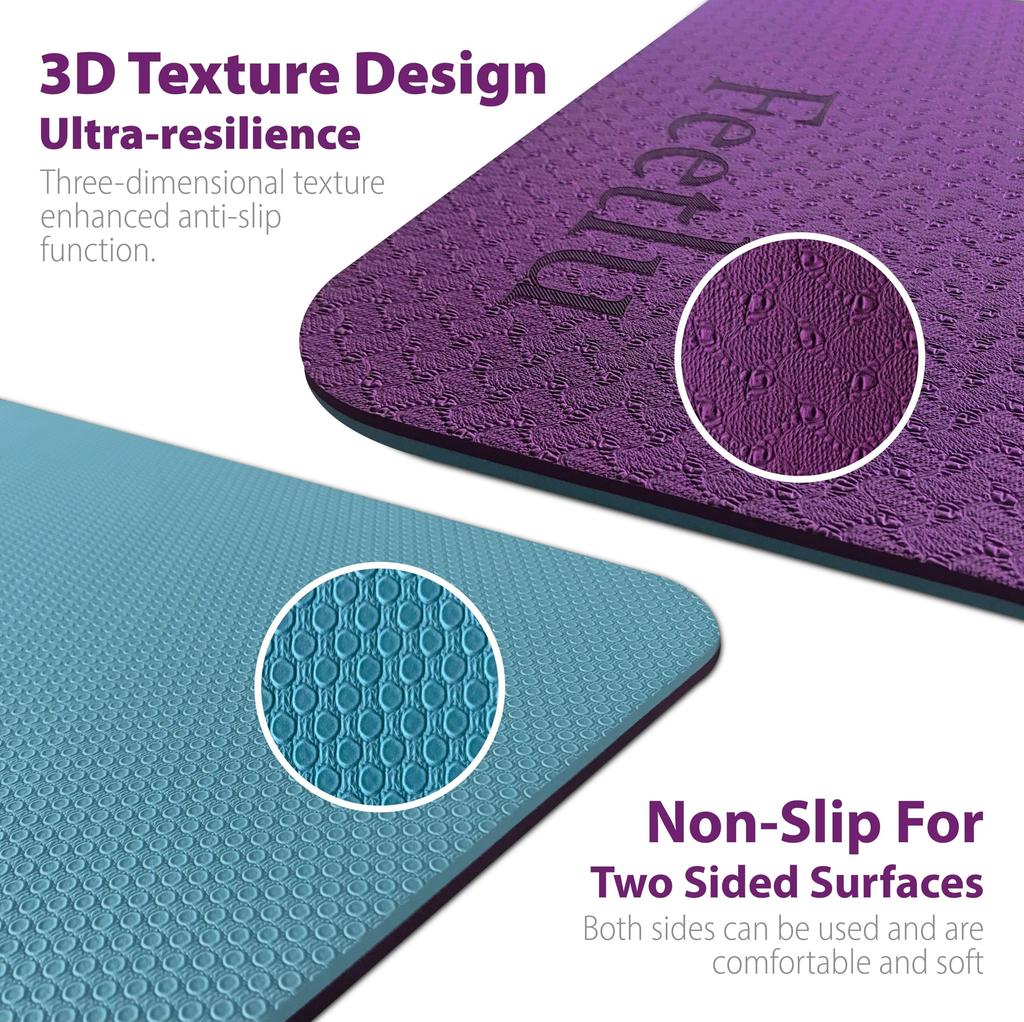 Feetlu Thick Yoga Mat with Inch Popular Thick Yoga Thick Stretching Pilates Mat Straps, 2/5 (10mm) - Mat, Mat, (Purple/Light Blue)