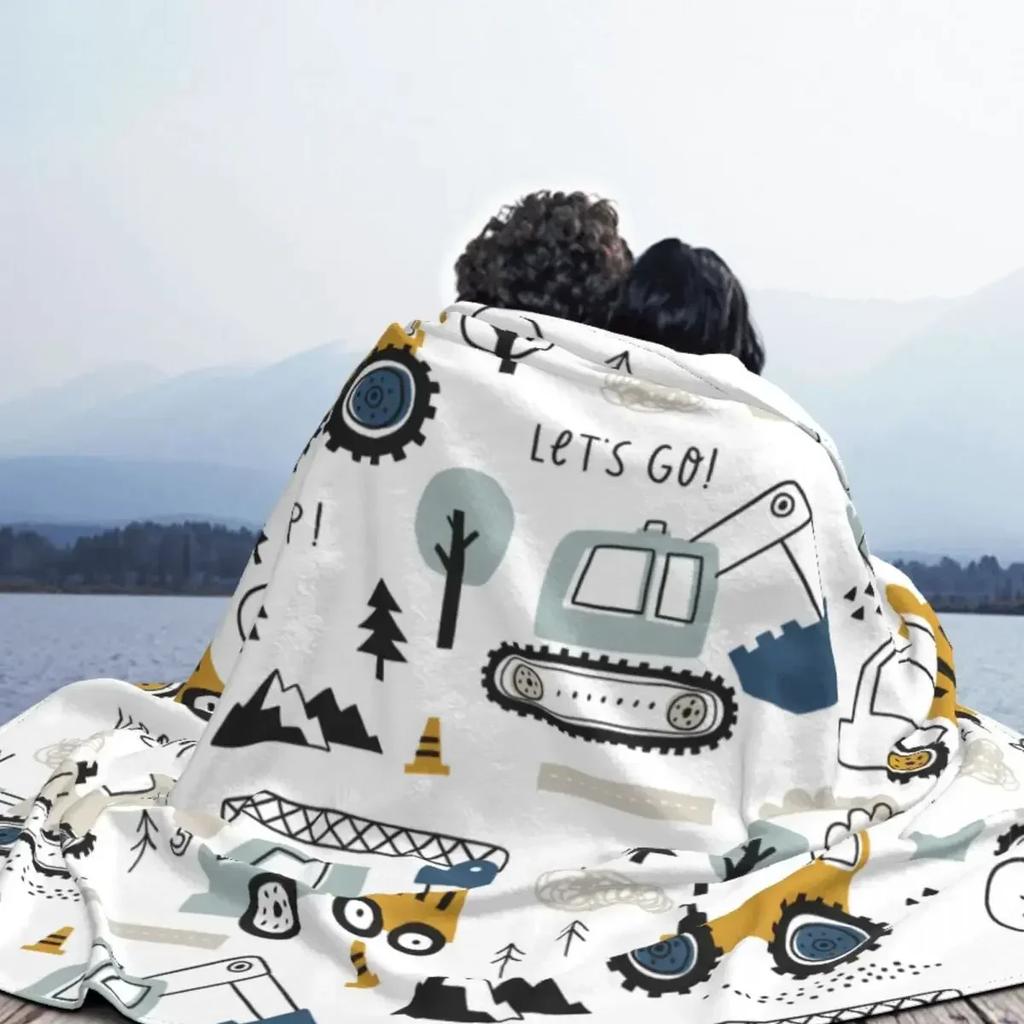 Cartoon Truck Excavator Blankets Flannel Decoration Backhoe Cranes Equipment Soft Throw Blankets for Bed Couch Bedding Throws