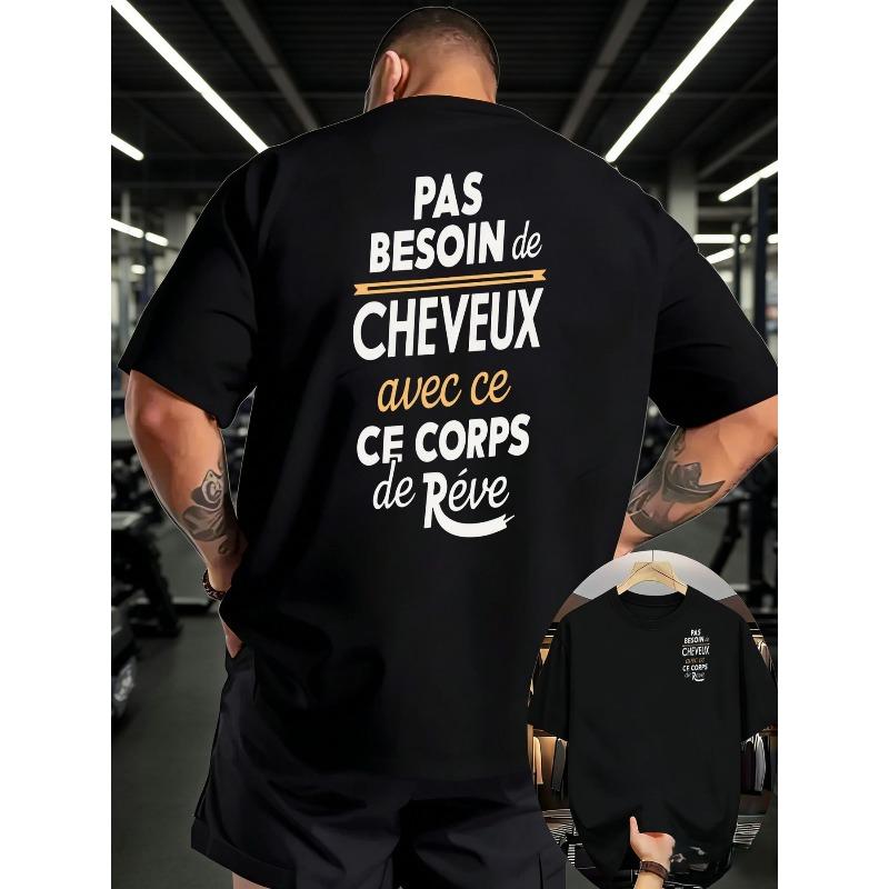 

European Size Men S Fitness Loose Oversize White Short-Sleeved T-Shirt, French Print on The Back, Same Style As Muscular Men in The Gym S чёрный