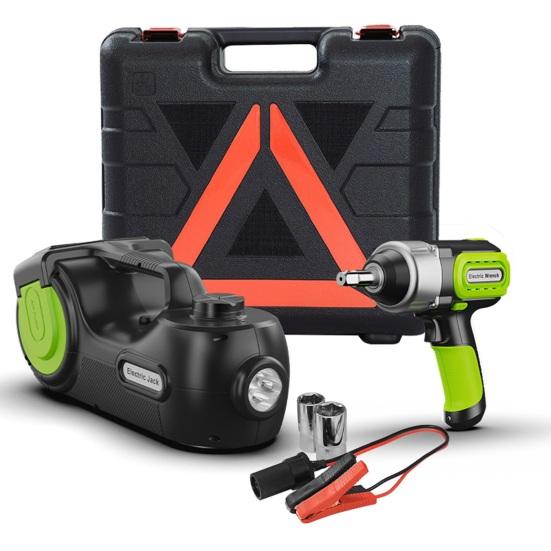 Electric Hydraulic Jack Emergency Tool Kit with Window-Breaking Hammer Anti-Slip Gloves Battery Clamps Electric Wrench