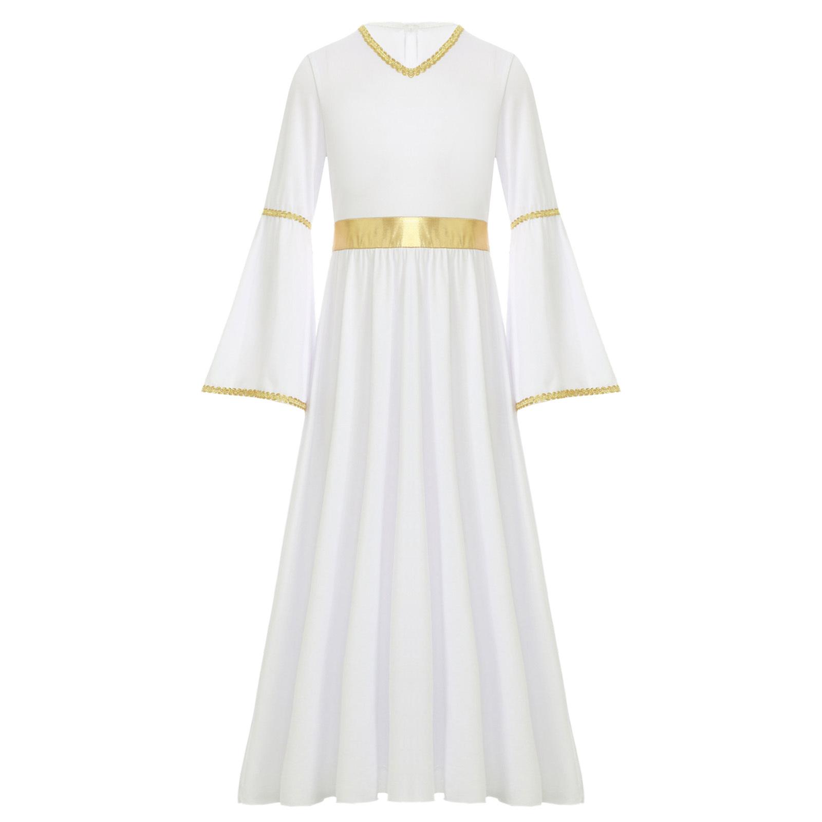 

Костюм ангела для дівчинки, сукня ангела, з довгим рукавом, з золотим оздобленням, сукня з клаптів, для косплею, вечірки, сценічного виступу 11-12 Years білий