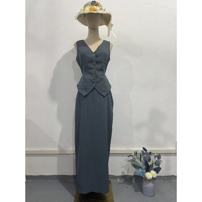 Western Style New Fashion Solid Sleeveless Vest Vest Skirt Two-piece Set Vest and Skirt Set