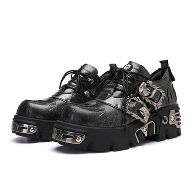 Neue Gothic Punk Schuhe Dunkle Flammenstickerei Klobige Plateau Niedrige Oberseite Damen Retro Leder Schuhe