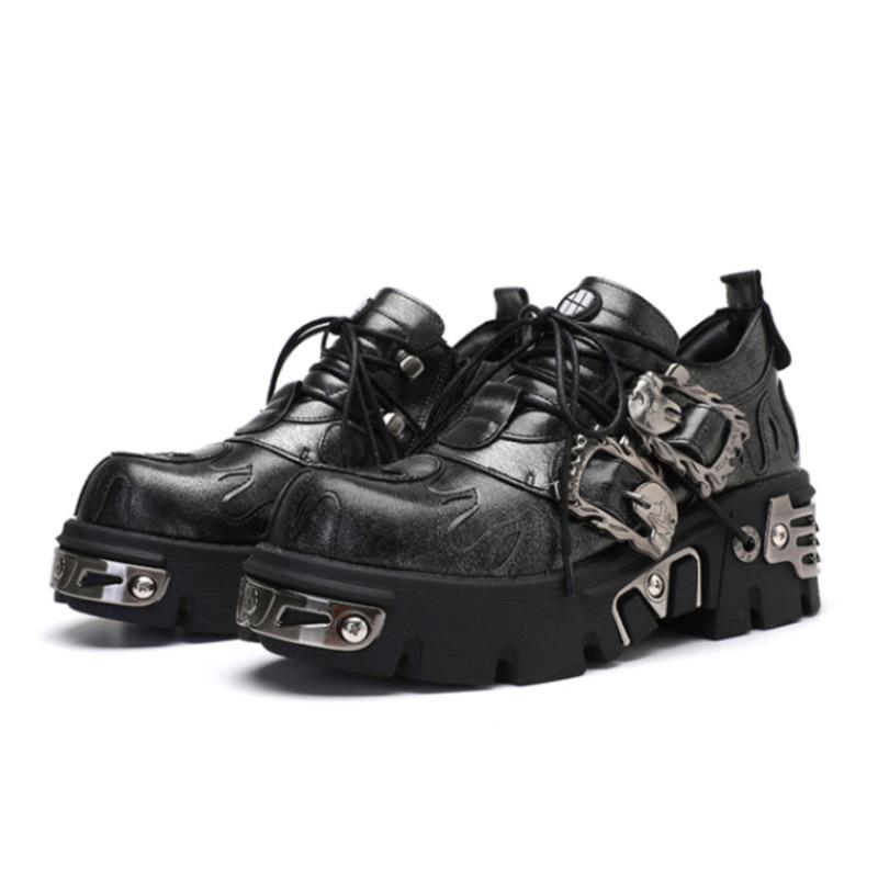 New Gothic Punk Shoes Dark Flame Embroidery Chunky Platform Low Top Women Retro Leather Shoes