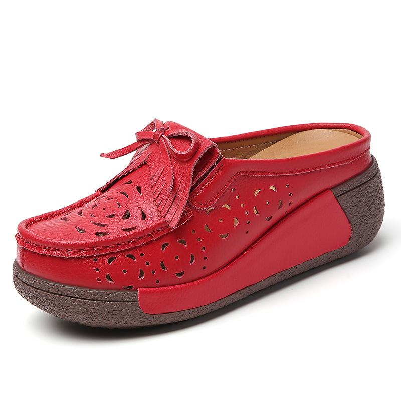 Damen Sandalen mit Höhenabsatz Plateau Loafers Rot Slipper zum Hineinschlüpfen Lässige Clogs Blume Leder Weiße Schuhe für Mutter