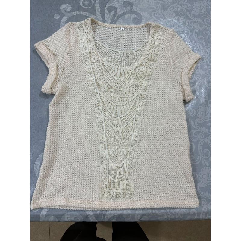 Lace Splicing Crew Neck T-shirt, Casual Short Sleeve Top For Spring & Summer, Women's Clothing