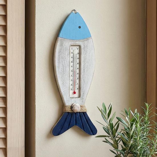 Vintage Holz-Küsten-Wandthermometer Nautische Fisch-/Leuchtturm-/Segelboot-/Hüttenform-Temperaturanzeige für Wohnzimmer, Schlafzimmer, Hotel, Flur, Wand