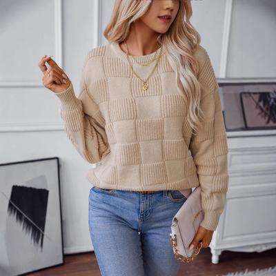 Høst- og vintergensere for kvinner, løs strikket genser med rund hals, Uformell genser med genser