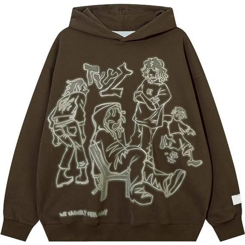 

Y2K уличная спортивная толстовка с граффити для отдыха, свободный пуловер с мультяшным принтом, свитер в стиле хип-хоп для мужчин и женщин S коричневый