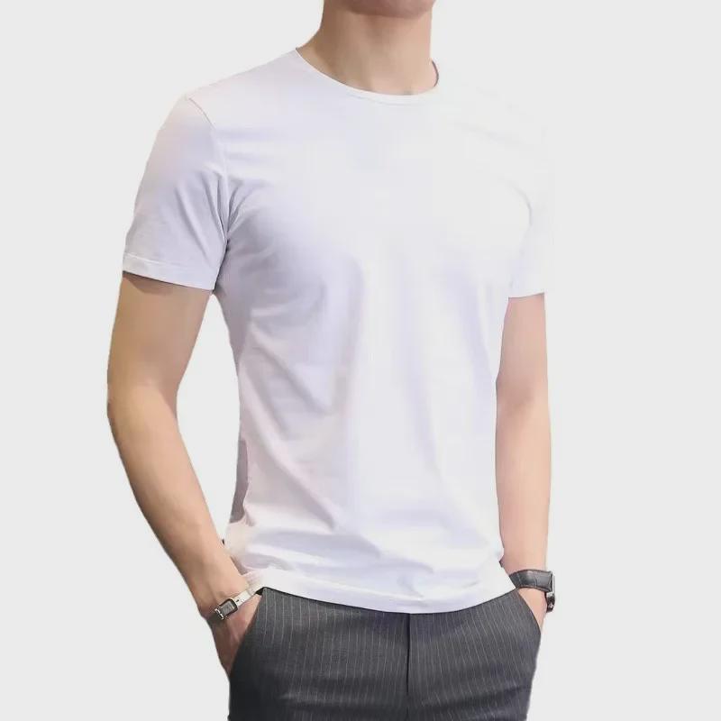 Pánské letní bílé tričko slim fit střihu s krátkým rukávem - korejský styl, moderní kulatý výstřih, k dispozici i ve větších velikostech