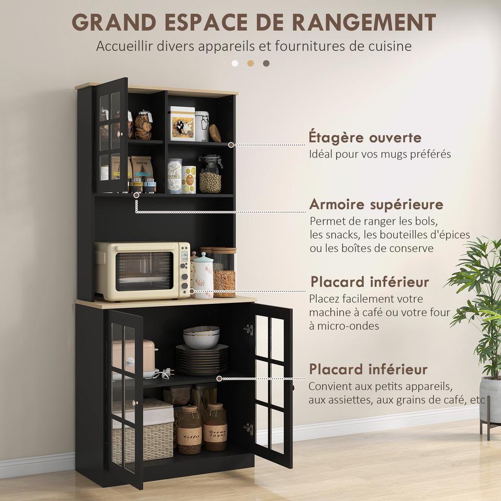 Kitchen Sideboard, Tall Kitchen Storage Unit, Storage Cabinet with Worktop, 3 Glass Doors, 2