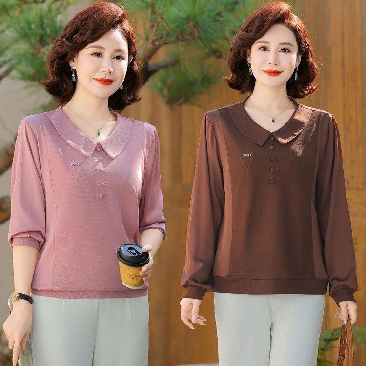 2025 Spring & Autumn Elegant Long Sleeve Lapel T-Shirt for Middle-Aged and Elderly Women - Tummy Covering Base Layer