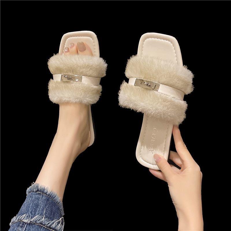 Mao Mao slippers women's metal buckle one-word slippers personalized flat bottom