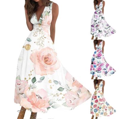 Women's Long Dress Maxi Dress Casual Dress Summer Casual Sleeveless V Neck Boho Waist Retraction Printed Dress