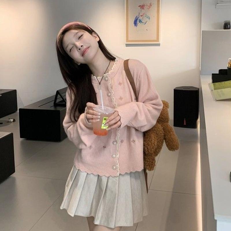 Pink Bow Lace Knit Patchwork Cardigan New Sweet Jacket Sweater Top Knitted Long Sleeve