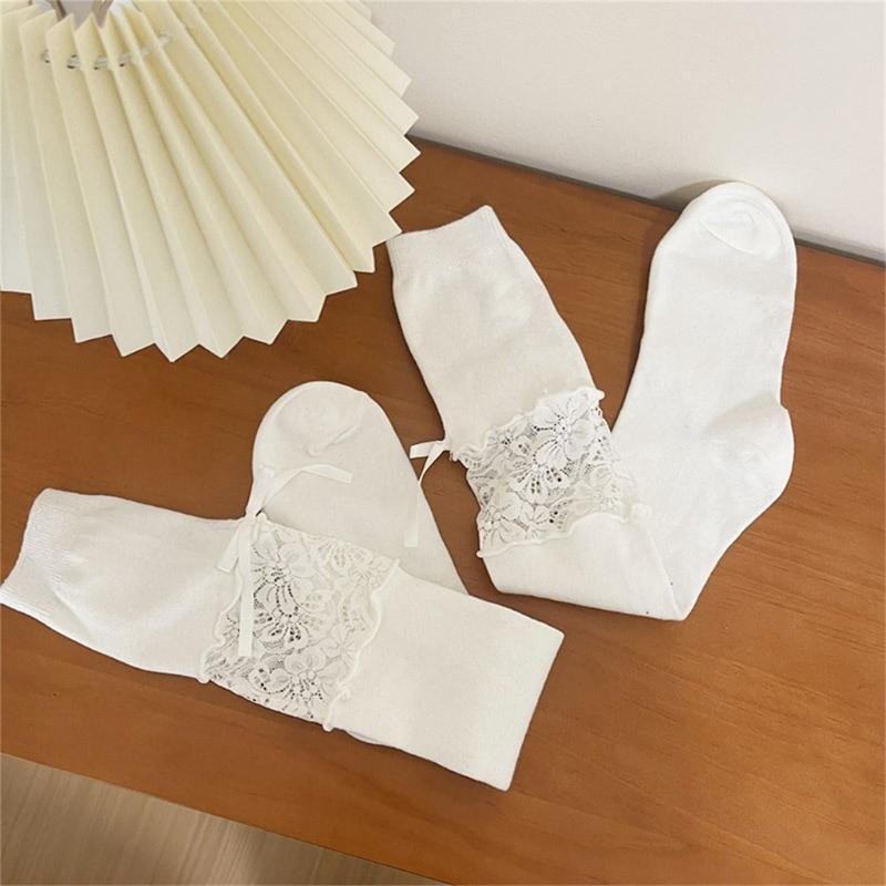 Women Lace Patchwork Calf Sock Knee Length Socks Lacing Up Knee Sock Fashion Mesh Knee Stockings Sexy Mesh Calf Socks