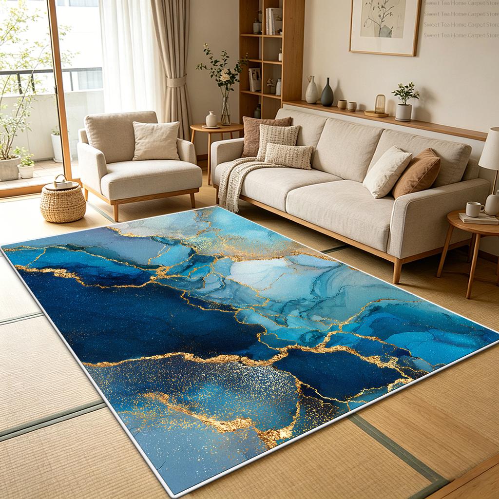 Luxury Blue Gold Marble Living Room Sofa Rug Decoration Bedroom Washable Soft Fluffy Floor Mats Kitchen Non-slip Large Carpet
