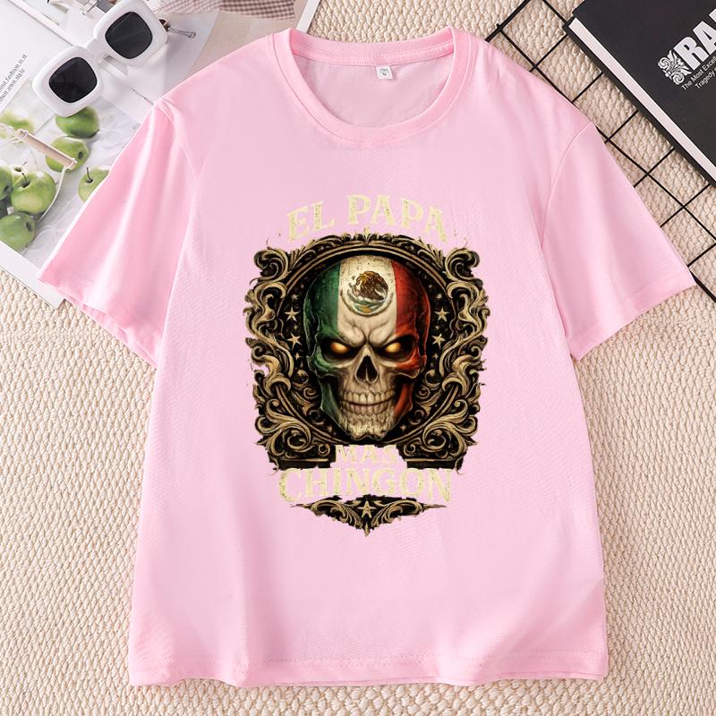El Papa Mas Chingon Graphic T Shirts Mexican Skull Flag Design Cotton T Shirt Unisex Unisex Printed Round Neck Short Sleeve Soft