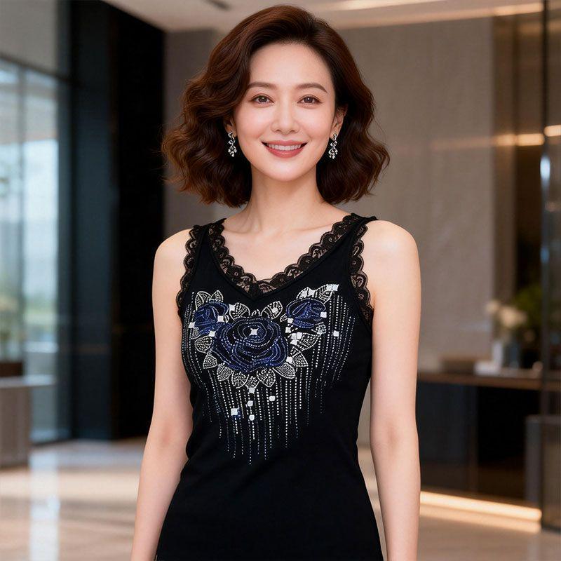 Women's Summer Rhinestone Lace Camisole - Loose Fit, Sleeveless Plus Size Tank