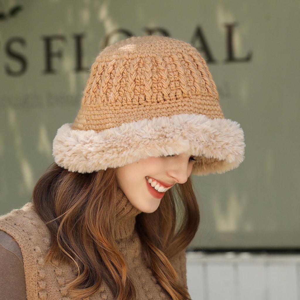 Plush edge knitted bucket hat women's autumn and winter warm versatile big head circumference showing face small wool bag head ear protection hat