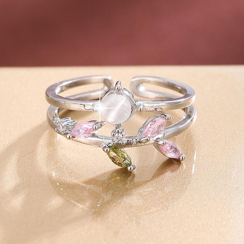 Niche Double-Layer Willow Leaf Zircon Open Ring - Fashionable Pure Copper Women's Jewelry.