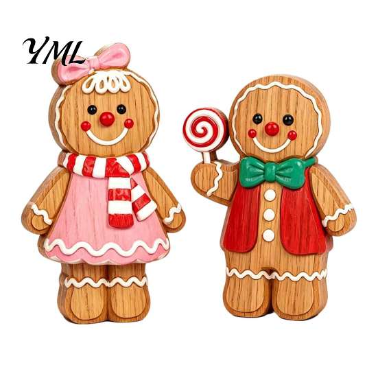 Funny Holiday Party Favors Cartoon Gingerbread Wooden Ornament, Double-sided Printed Desktop Tabletop Figurines, Decorative Signs Craft for