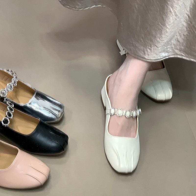 Temperament Silver Bag Head Half Slippers Women's Outer Wear Spring and Summer New Sandals Rhinestone Belt Single Shoes
