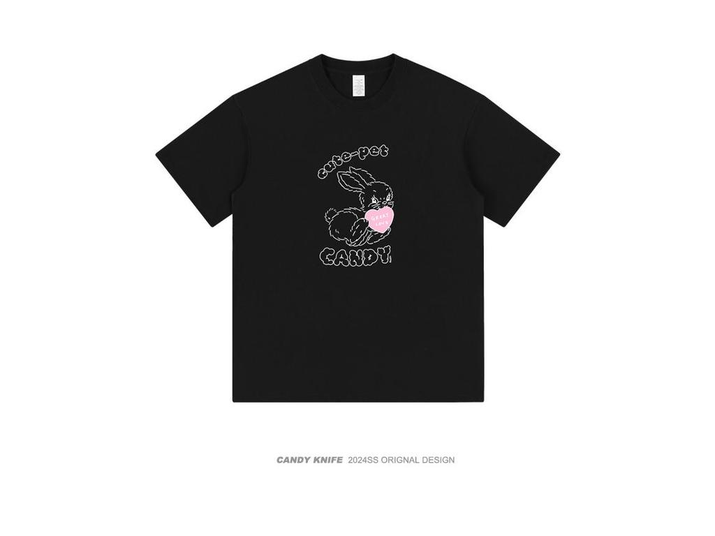 Fun Love Heart Rabbit Print T-Shirt - Unisex Couple's Trendy Short Sleeve Summer Top