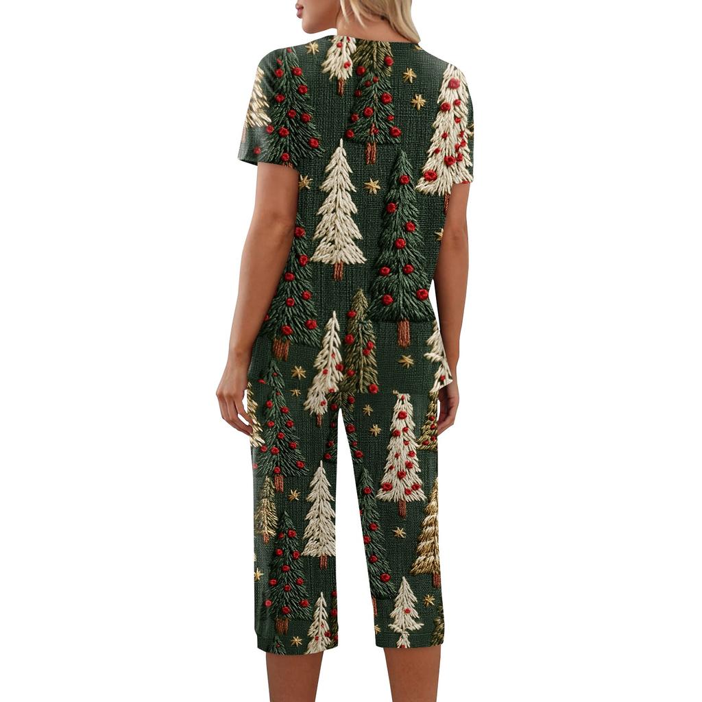 Women's Two-Piece Outfit Set with Christmas Print Short Sleeve Top and Pants