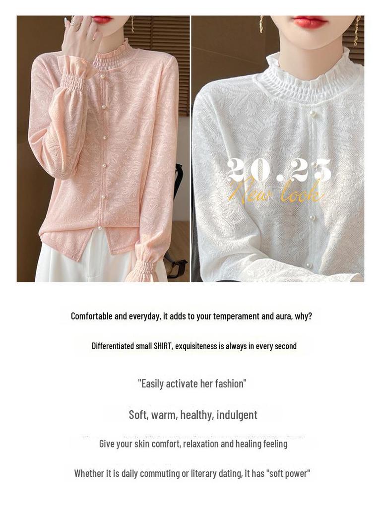 Ruffled Hem Knit Lace Long-Sleeve Spring Top, Fashionable for Outdoor Wear