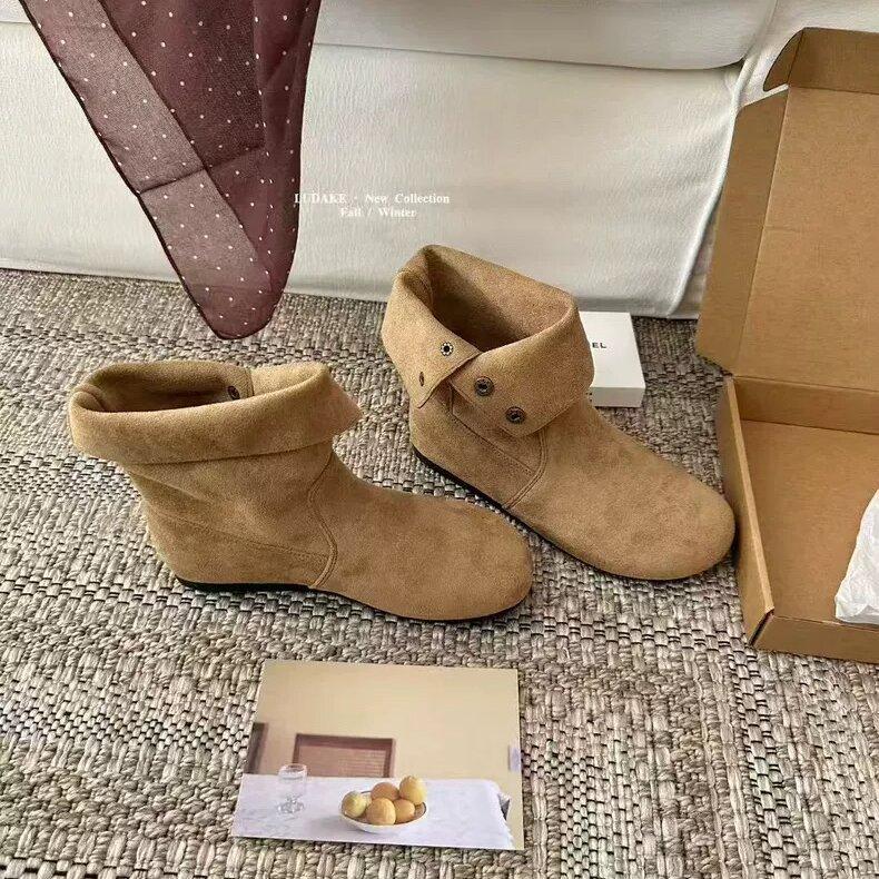 

Korean atmosphere is full~ 2025 autumn new leather folded two wear pile boots soft-soled Birkenstock short boots women 40 хаки
