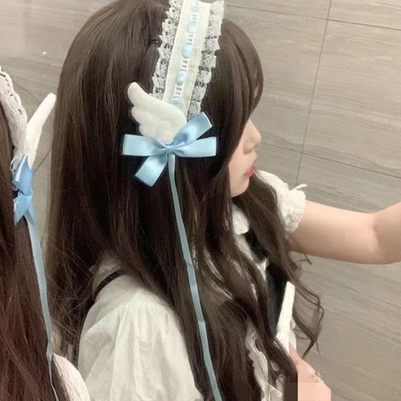 Women Hair Bands Maid Cosplay Headband Lolitas Lace Headwear with Cute Wings, Bowknot Decorations Hair Accessories