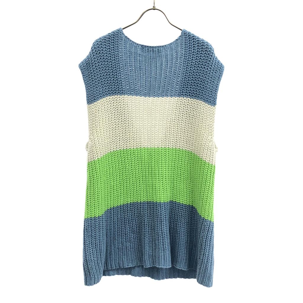Candy Stripper Border Pattern V Neck Knit Vest 2 Blue Women Used
