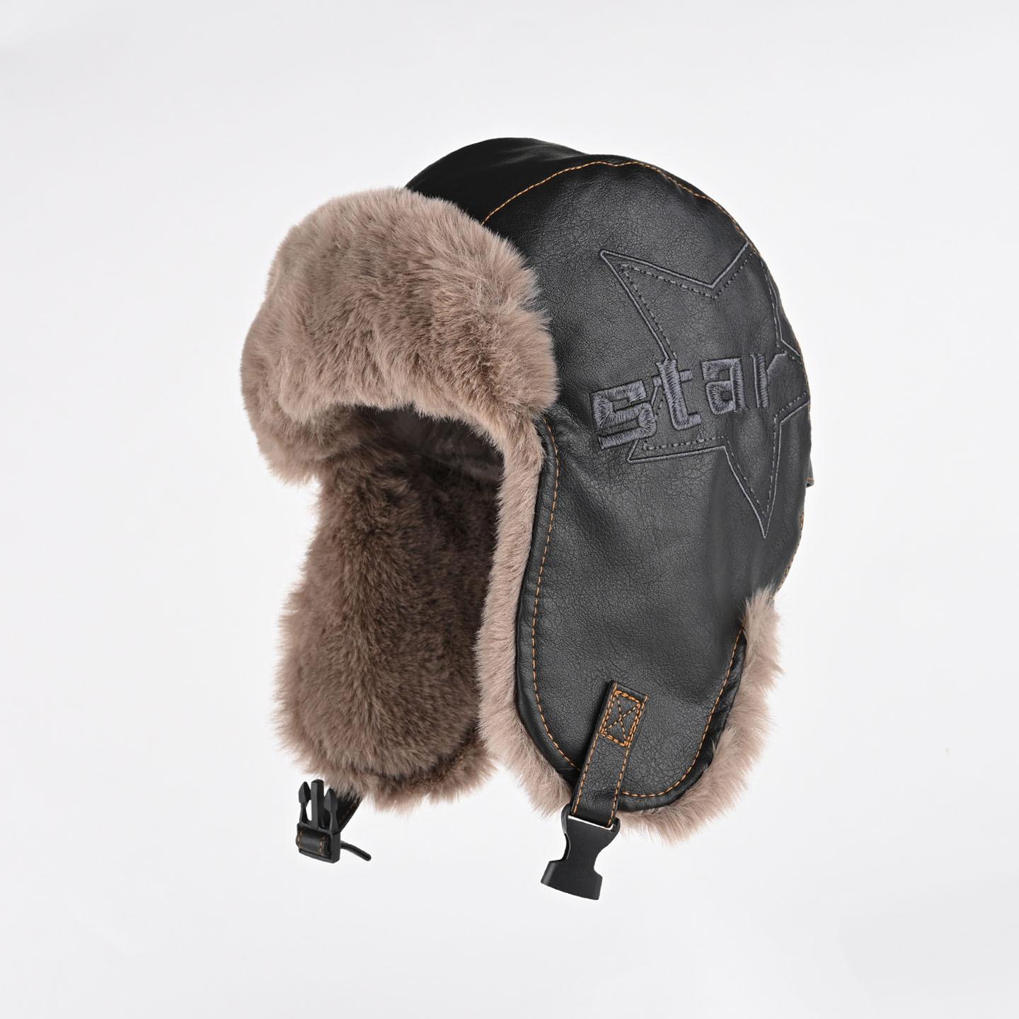 

Ретро кожаная шляпа мужская и женская зимняя утолщенная и бархатная теплая шапка с защитой ушей холодная шапка-авиатор тренд Average size (55-59cm) чёрный