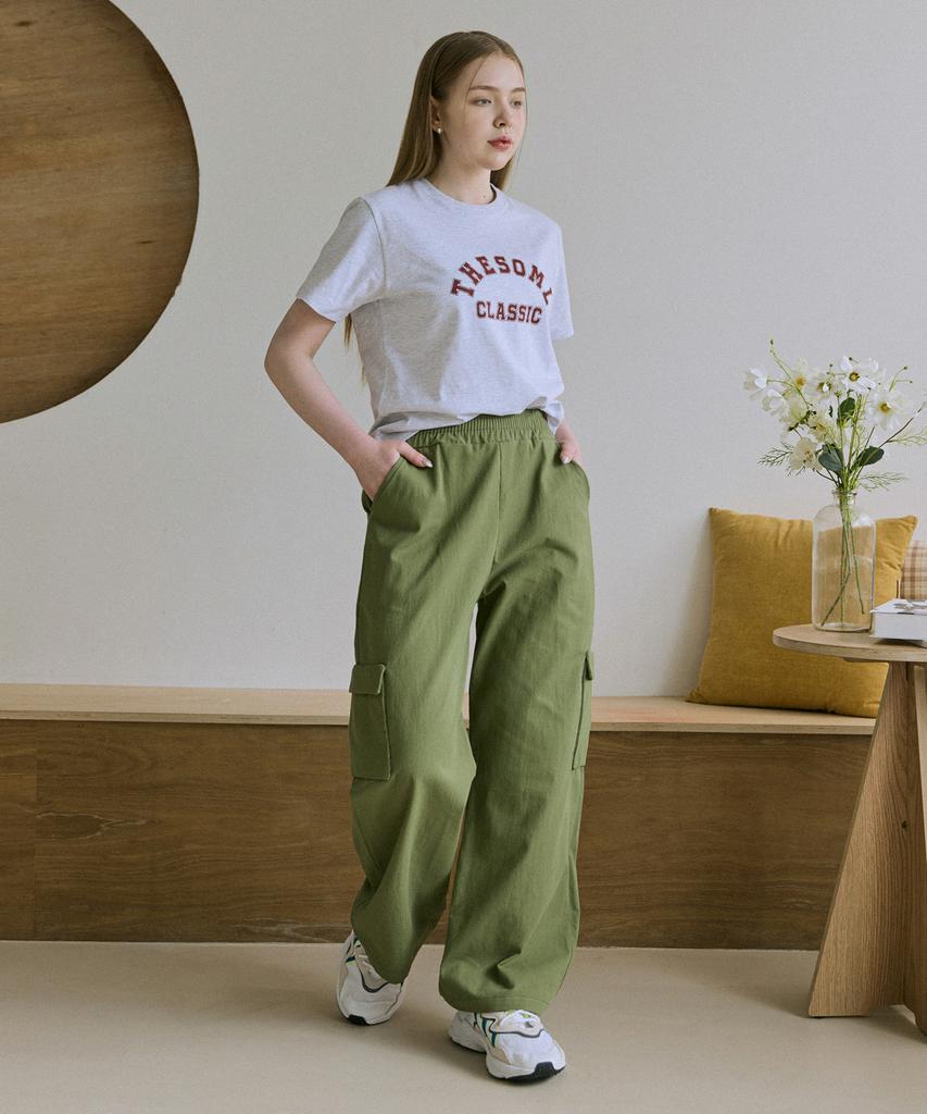 5OML Cotton Cargo Wide Elastic Waist Pants (Beige)