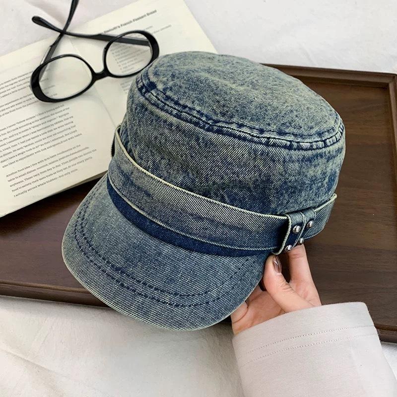 Retro Rivet Washed Denim Flat Top Cap Children Spring And Summer Korean Version Versatile Newsboy Hat Showing Face Small Baseball Bat