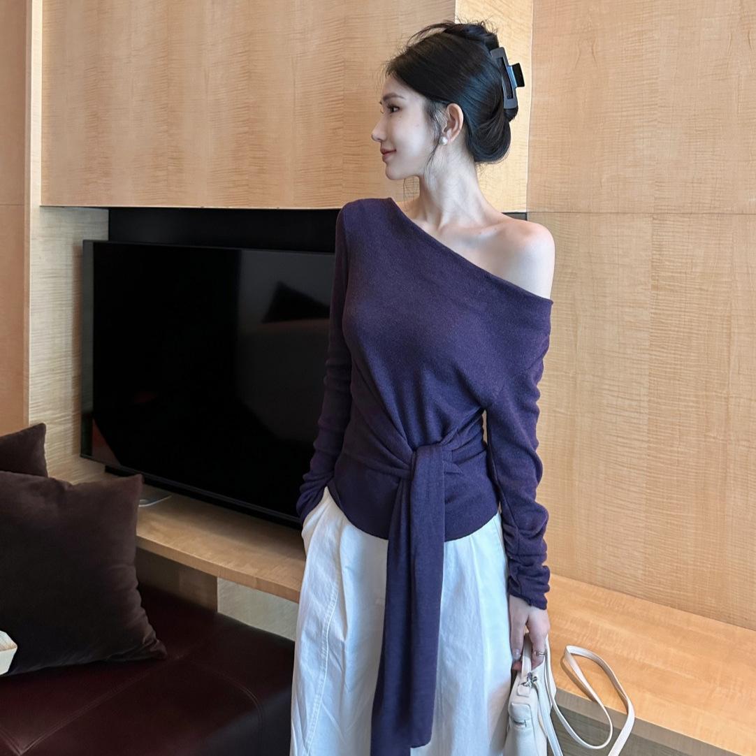 

French temperament irregular slanted shoulder gray knitted women s autumn strap waist elegant primer sweater one size fits all фіолетовий