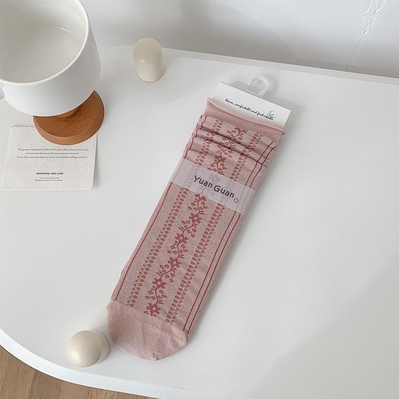 Boneless Retro Flower Design Stacking Socks Girl Korean Versatile Small Leather Shoes Floral Striped Medium Tube Socks Tide
