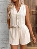 European-American Linen Tank Top & Shorts Commute Set – V-Neck Spring/Summer Women's Casual Wear